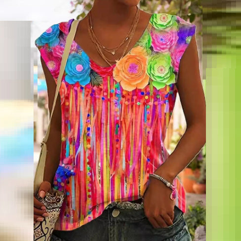 Rose Garden 3D Digital Printing   Sleeveless V-neck  Top