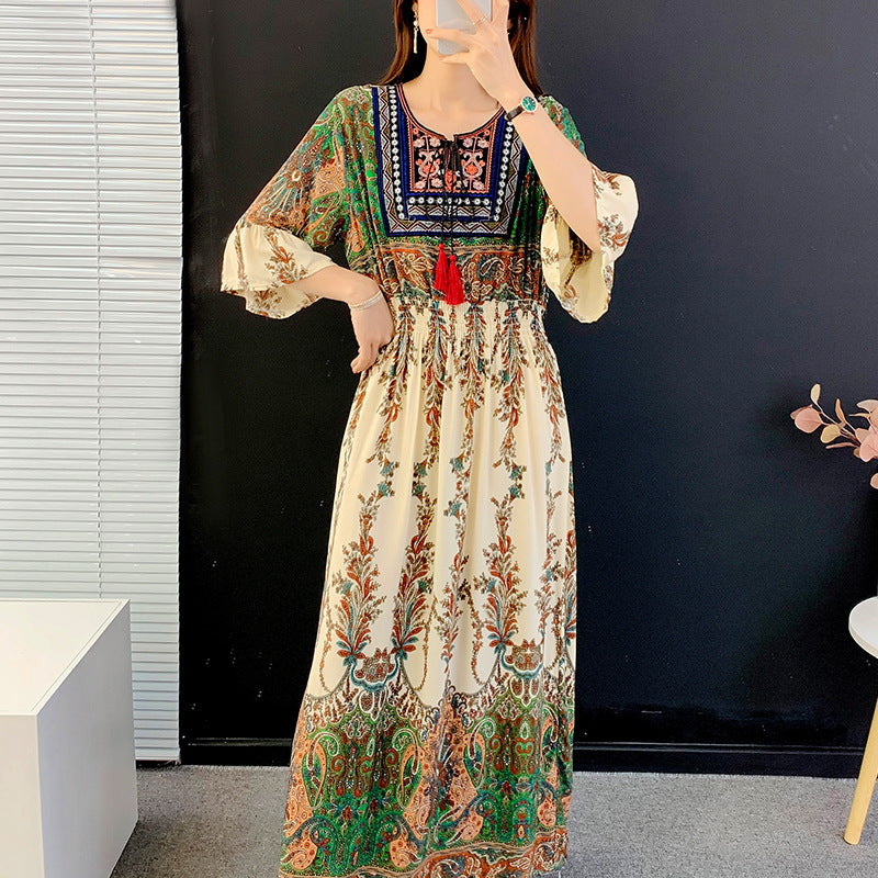 Artsy Crew Neck Ruffle Half Sleeve Silky Dress