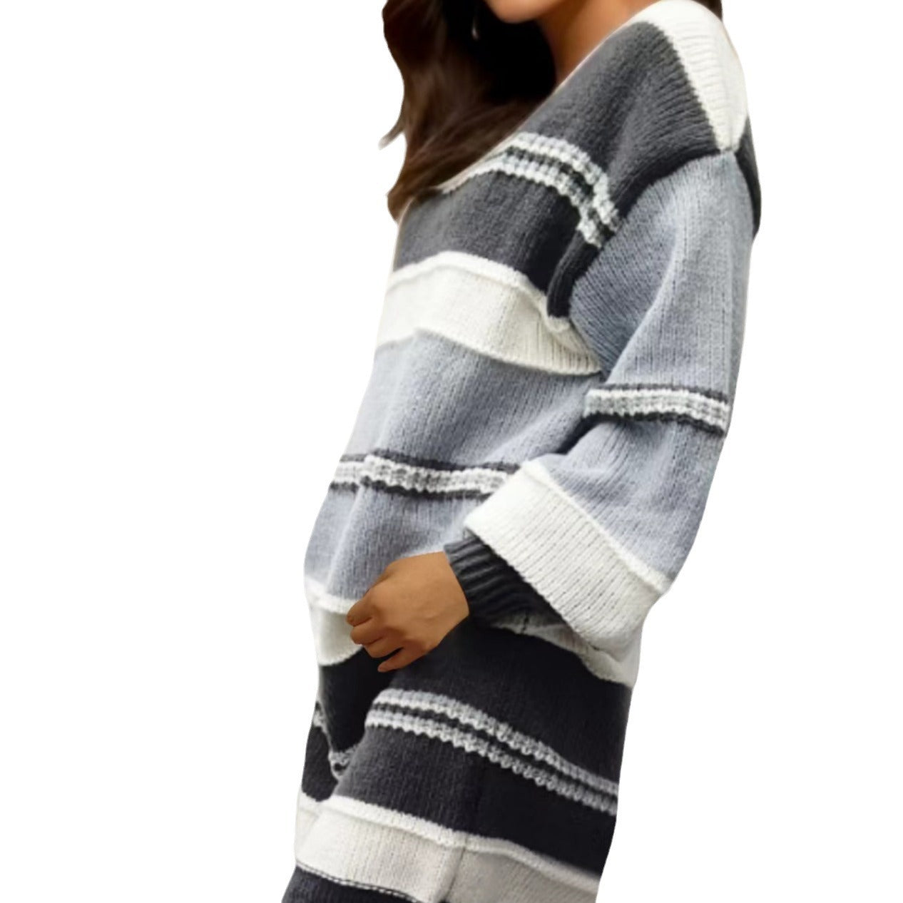 Striped Contrast Color Round Neck Sweater Dress with  Lantern Sleeve