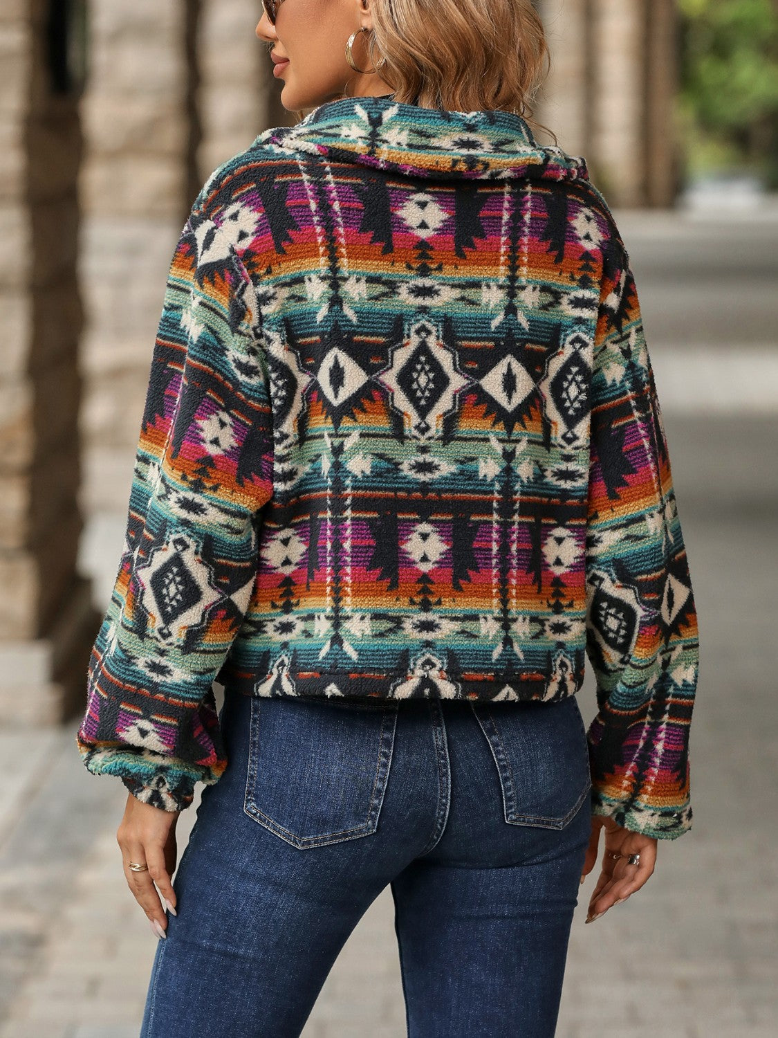 Multicolor Geometric Art Jacket with  Dropped Shoulder Balloon Sleeves