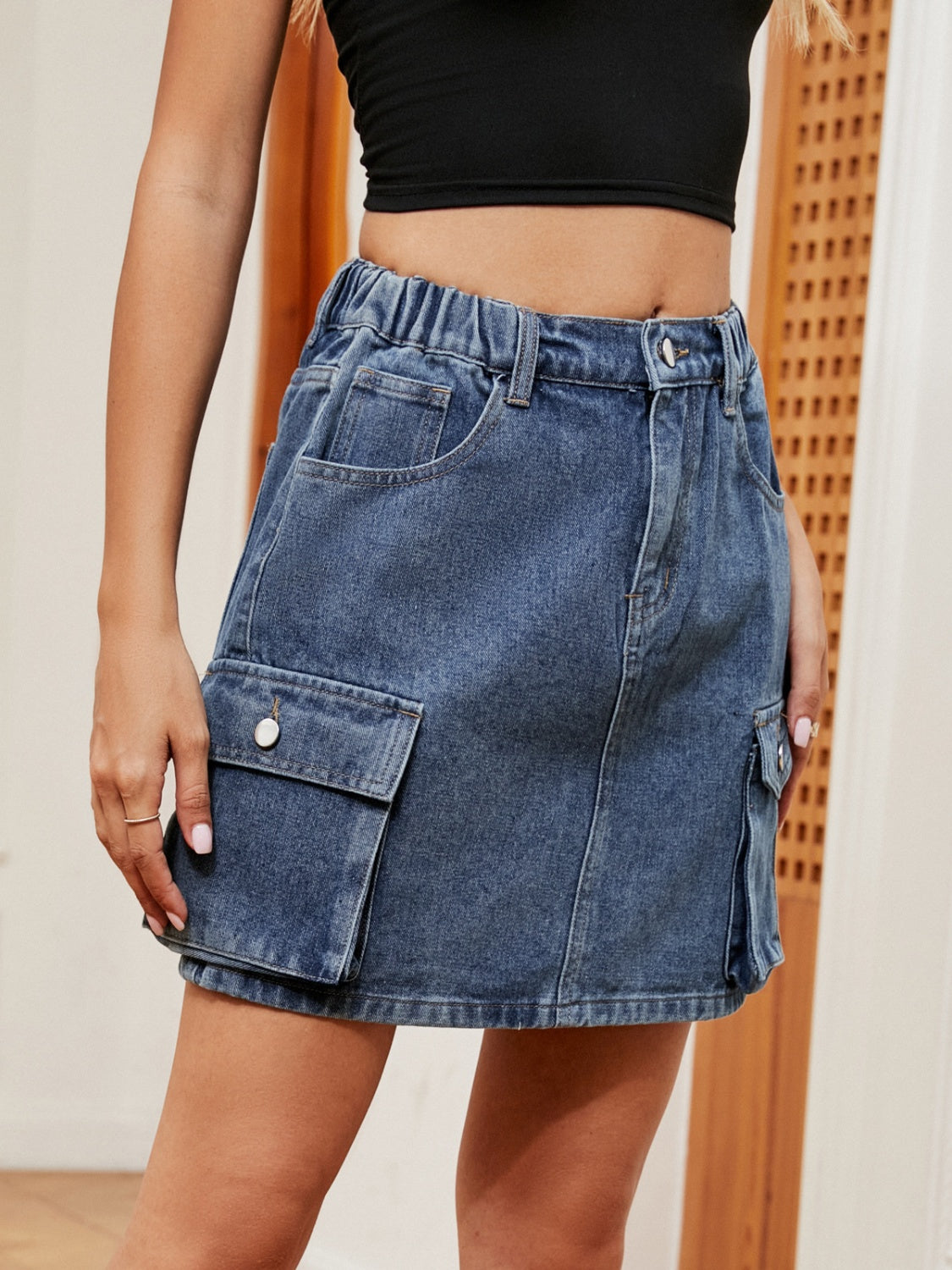 High Waist Pocketed Denim Skirt