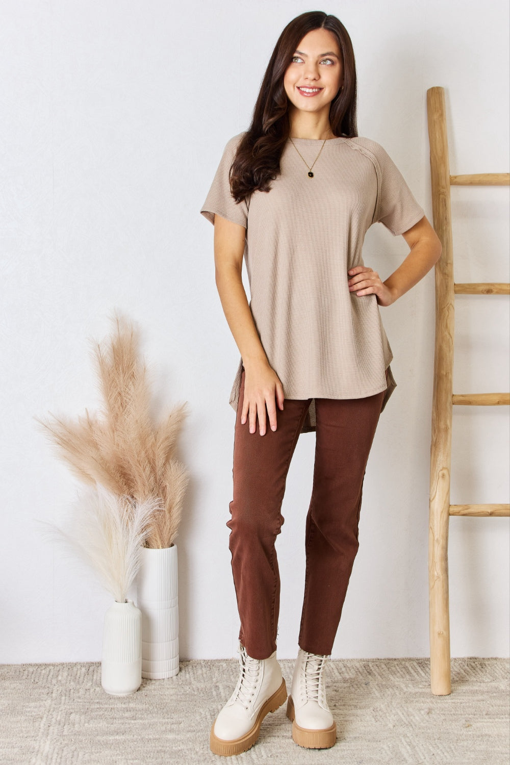 Light Mocha Baby Waffle T-Shirt Top with Short Sleeve