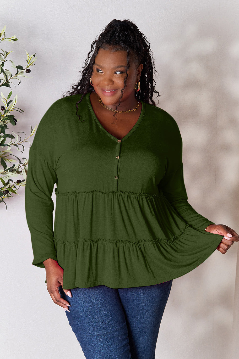 Comfy Ruffle Hem  Double Take Half Button Blouse & Long Sleeve