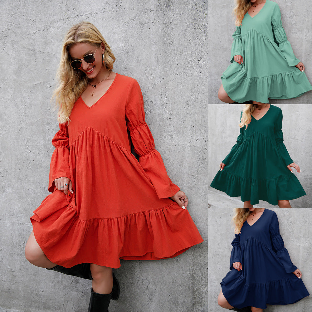 Pretty Swing Ruffle Dress with Puff Long Sleeves