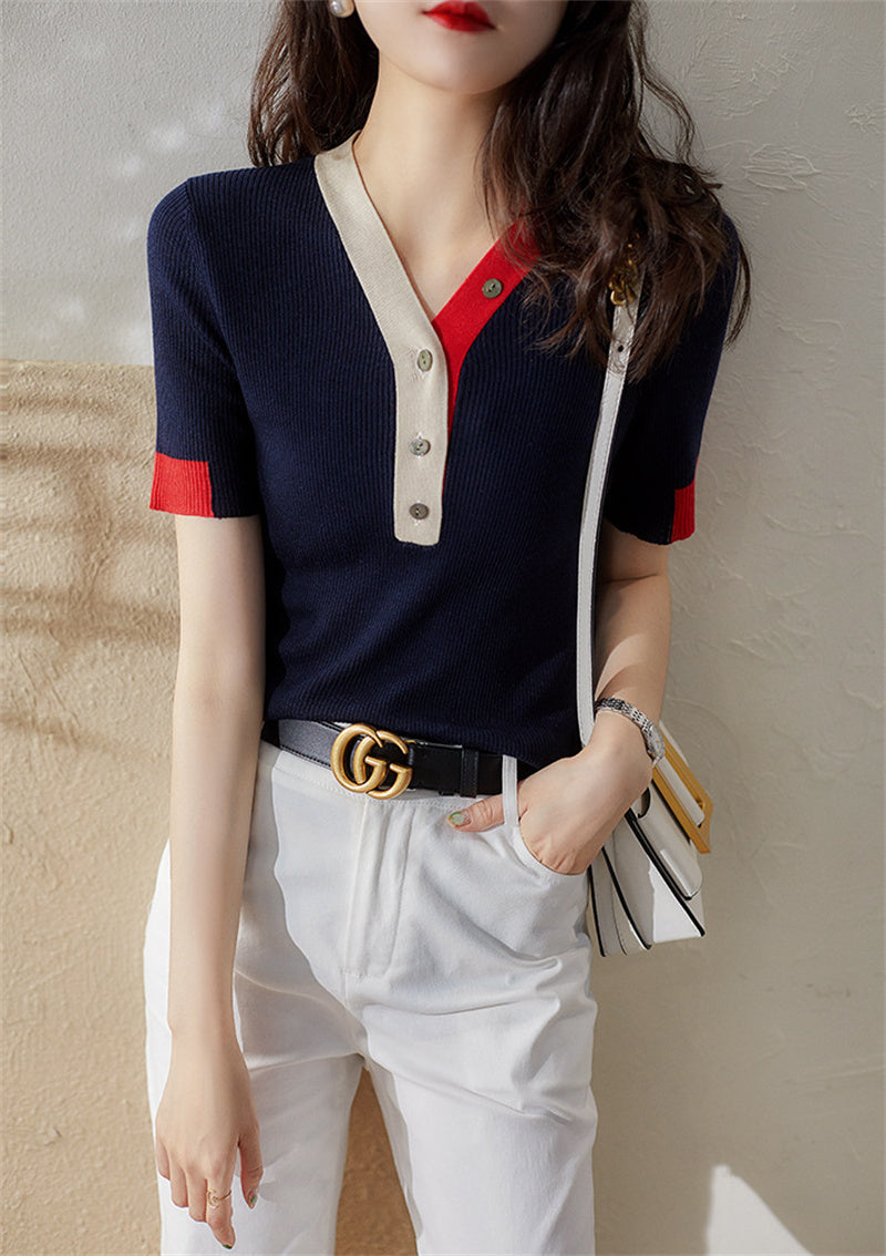 Urban Chic V-neck Blouse with Loose Short Sleeve