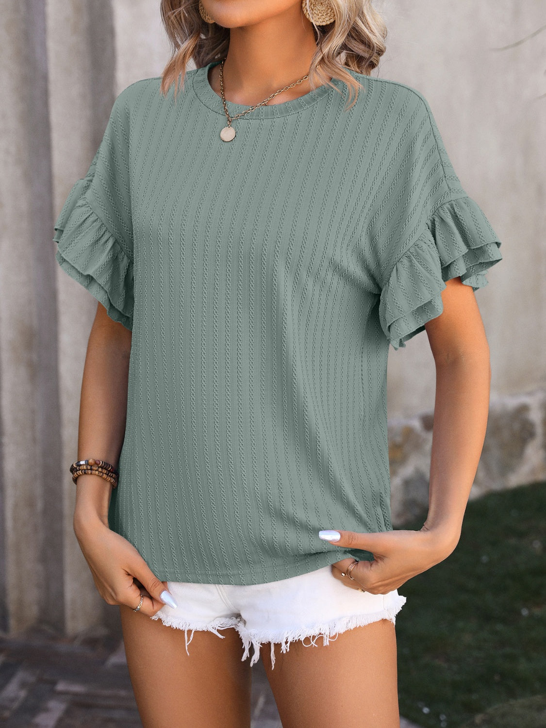 Soft Breeze Ruffled Round Neck Short Sleeve Top