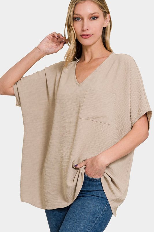 Beige Texture V-Neck Full Top with Short Sleeve Top
