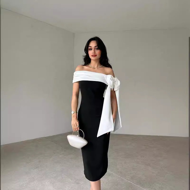 Elegant Cocktail Bow Off-Shoulder Black White  Dress