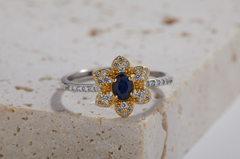 Natural Sapphire Flower Ring Inlaid with Sparkling Gems. - Adjustable to All Sizes.