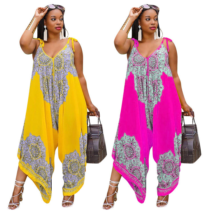 Printed Vibrant Fashion Loose Suspenders Jumpsuit