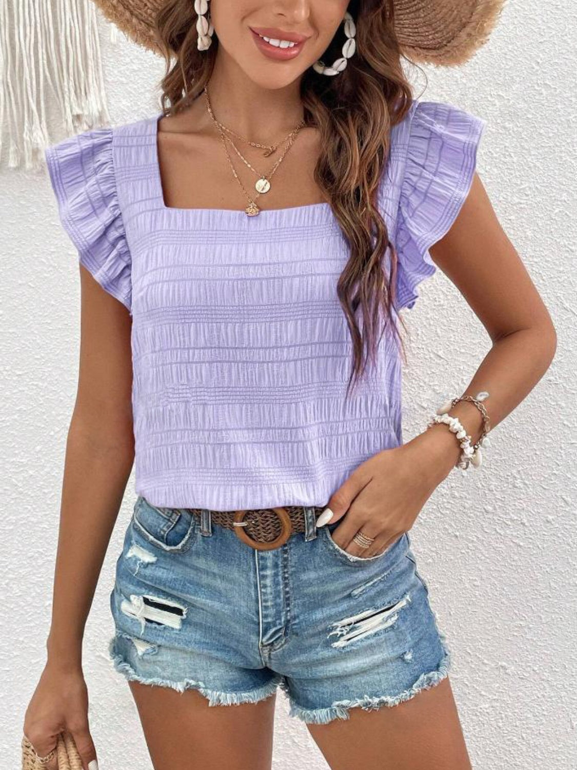 Ruffled Blouse with Square Neck & Cap Sleeve