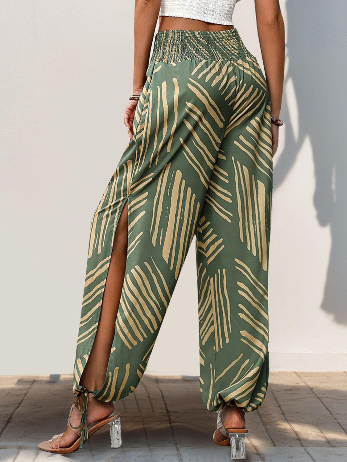 Moss Tied Smocked Slit Printed High Waist Pants