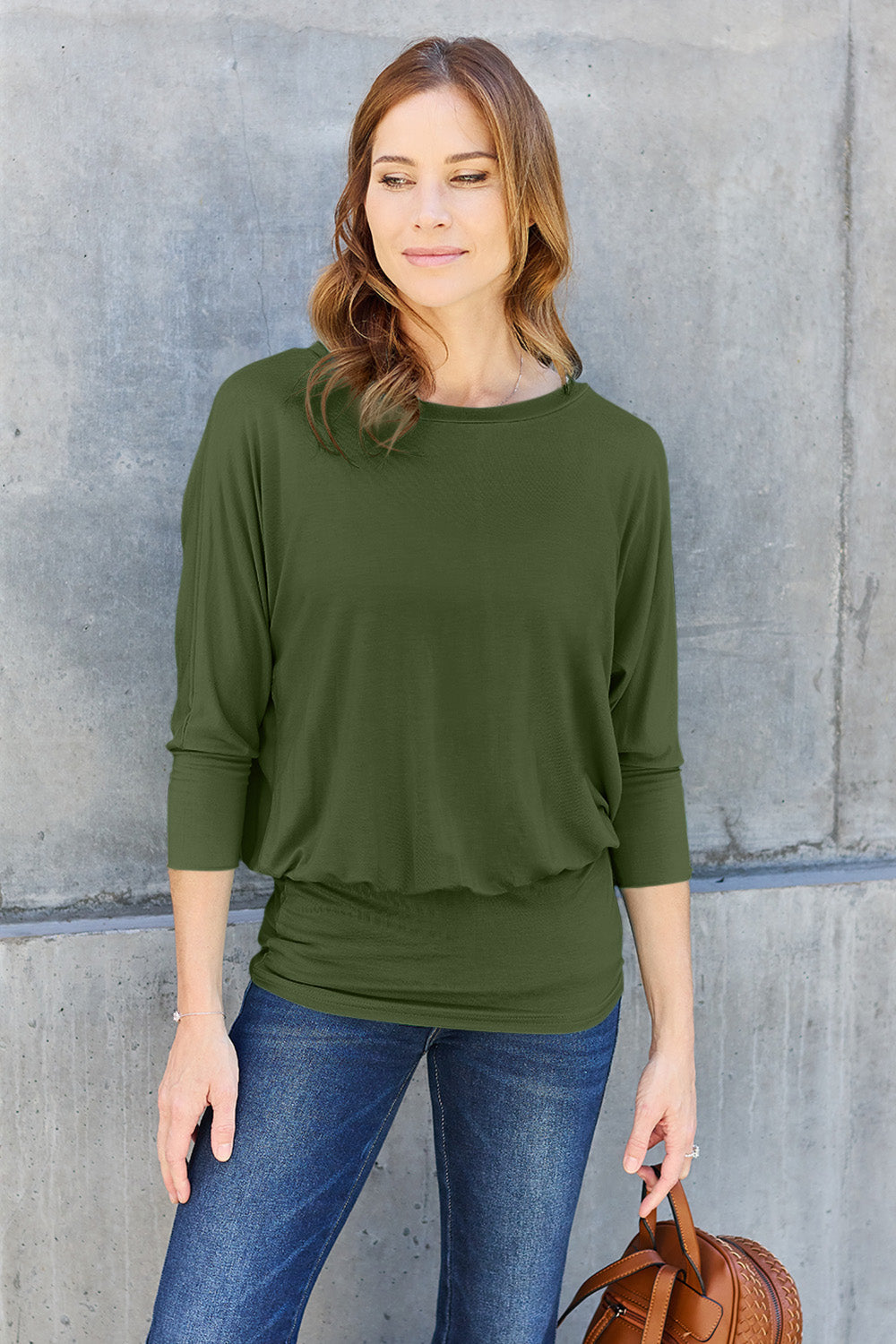 NuMi Basic Bae Full Size Round Neck Blouse & Batwing Sleeve