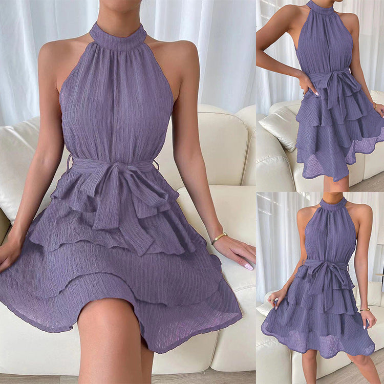 Elegant Ruffle Halterneck  Sleeveless Dress