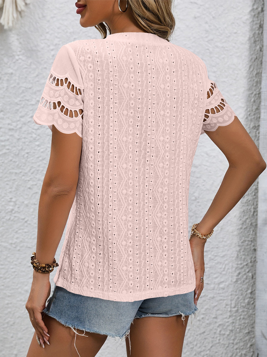 Eyelet Embriodery Round Neck Short Sleeve Top