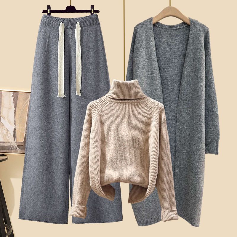 Thickened Knitting Wide-leg Pants with Turtleneck Sweater