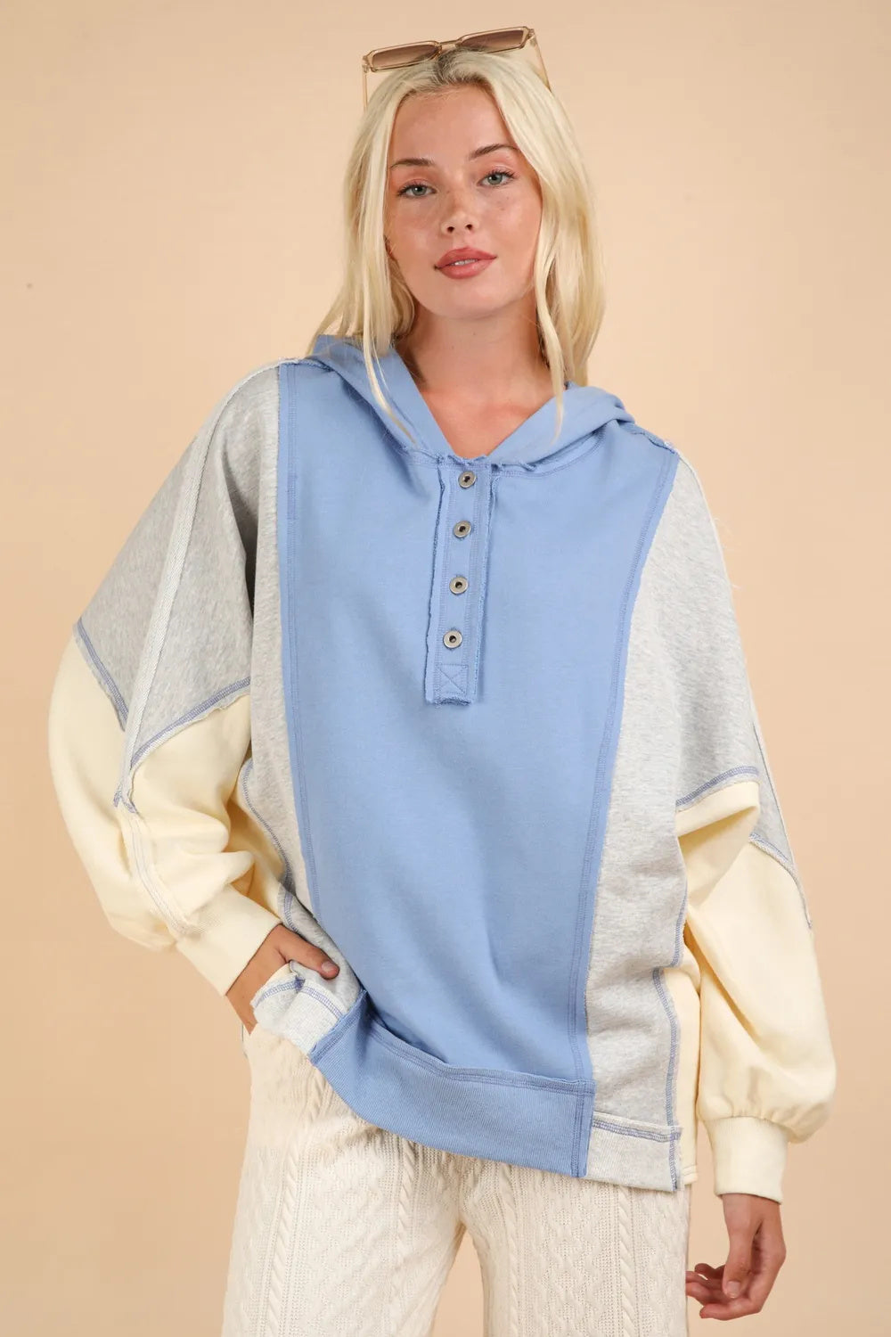 Creamy Blue Color Block Half Button Hoodie