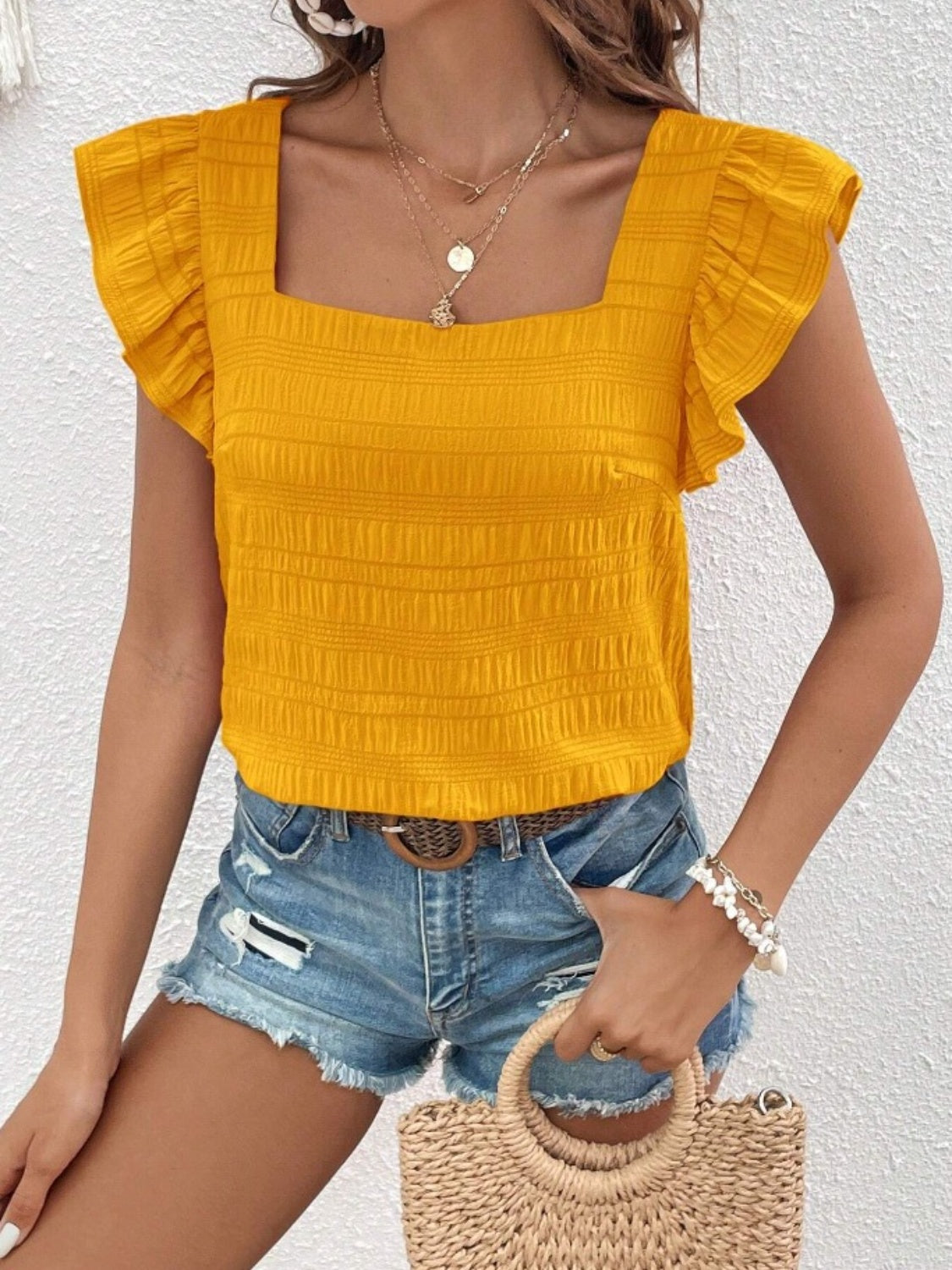 Ruffled Blouse with Square Neck & Cap Sleeve