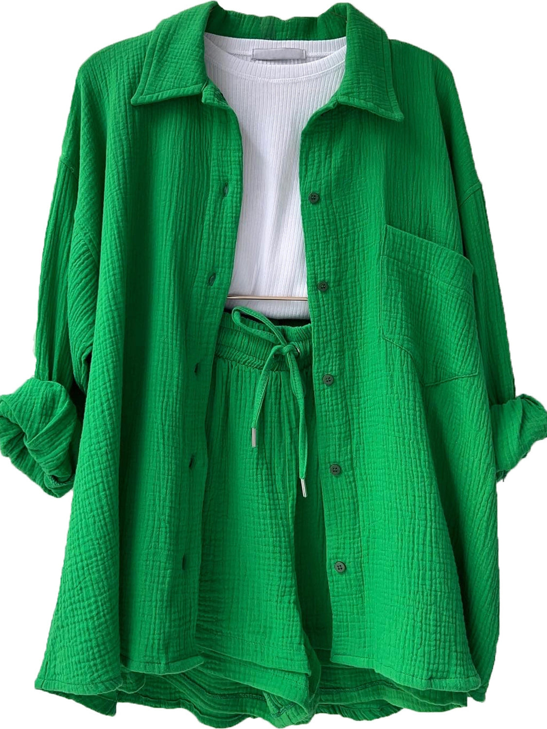 Casual Texture Button-Up Shirt and Drawstring Shorts Set