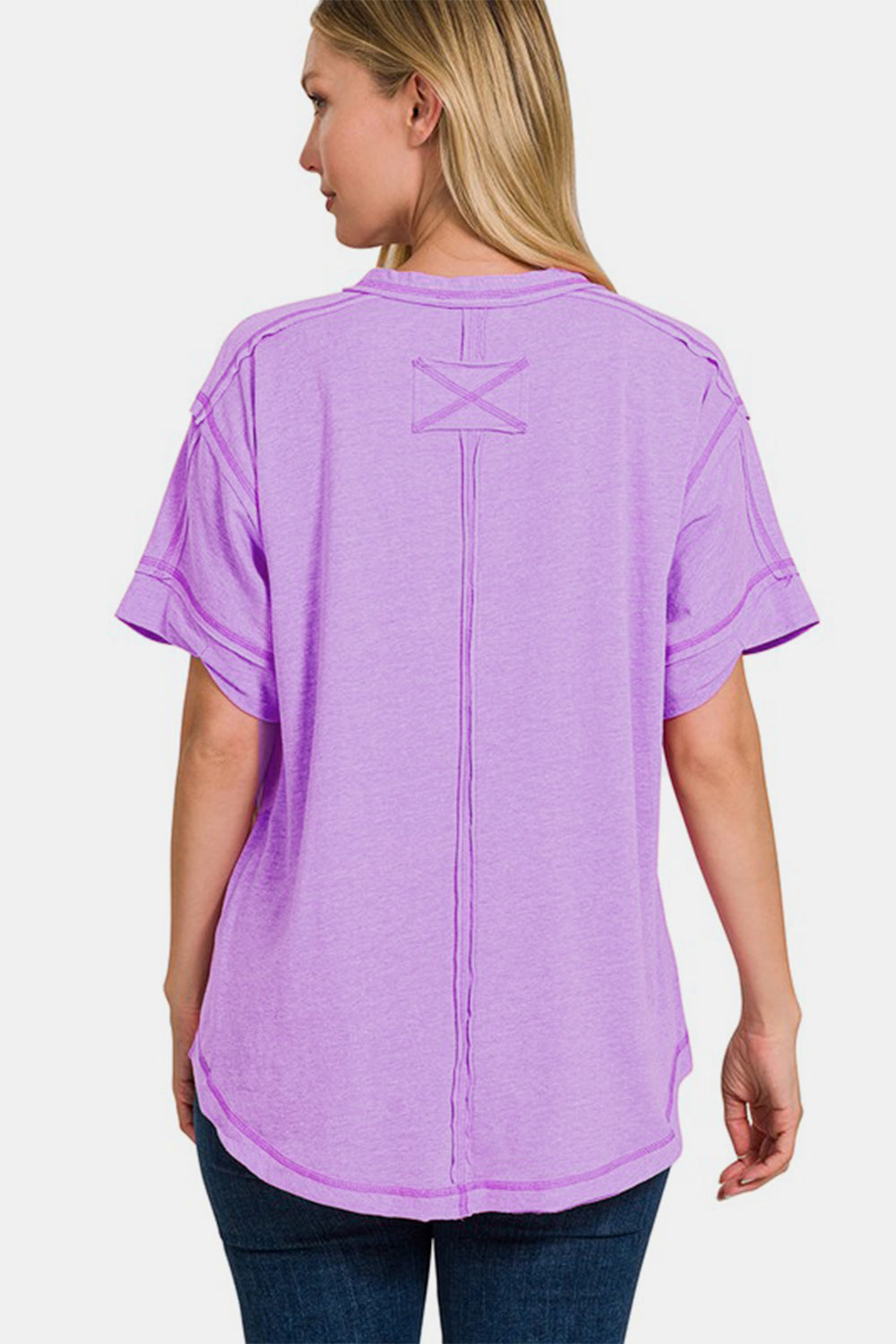 Light Lavender Top with Exposed Seam Half Button & Short Sleeve Top