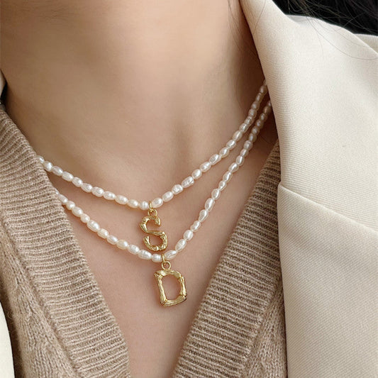 Custom Personalized Natural Freshwater Grain Pearl Letter Necklace Vintage Classic.