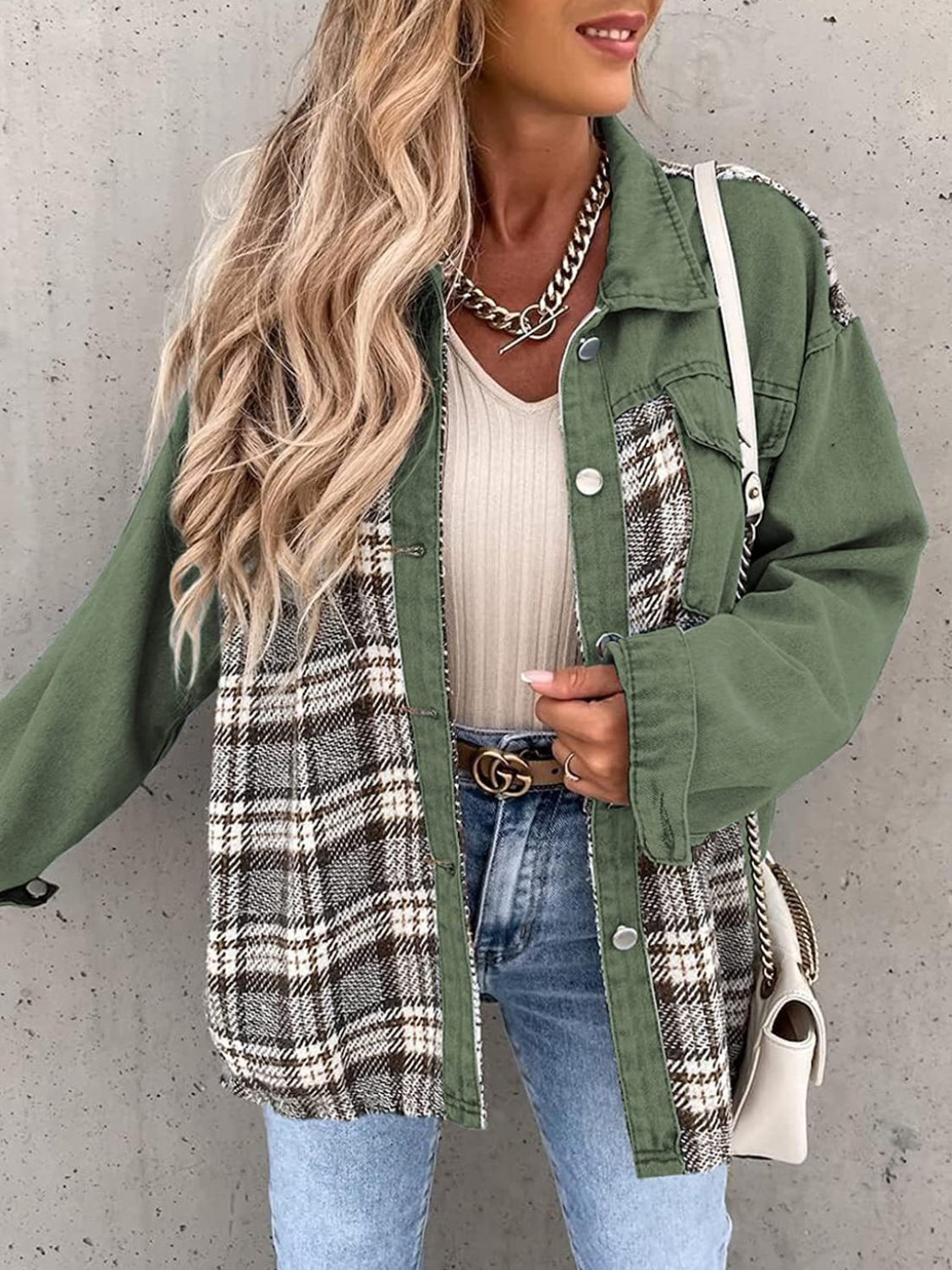 Black White Plaid Button Up Dropped Shoulder Denim Jacket