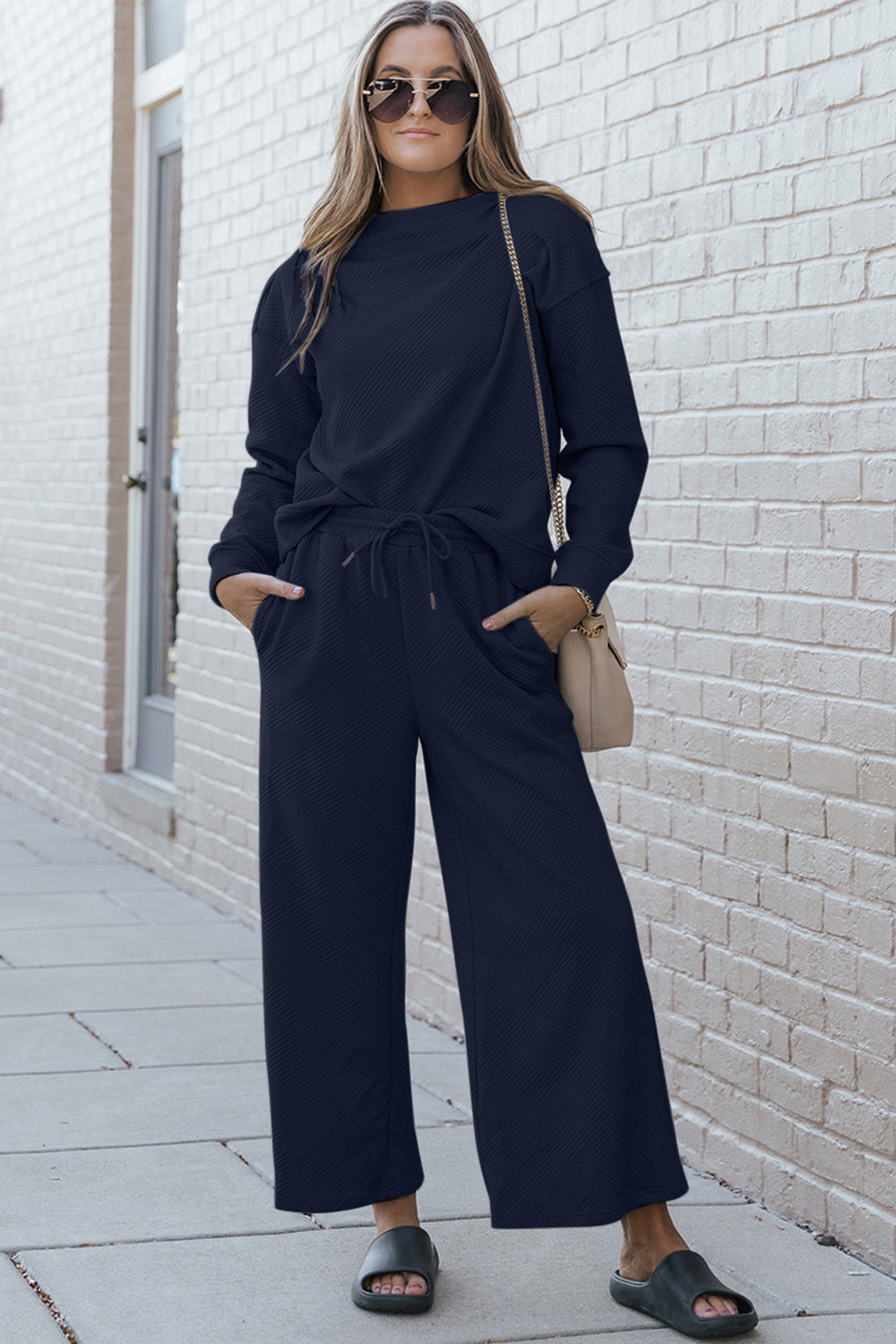 Luxe Loungewear Textured Long Sleeve Top and Drawstring Pants Set