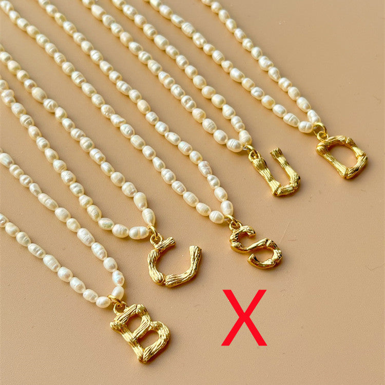 Custom Personalized Natural Freshwater Grain Pearl Letter Necklace Vintage Classic.
