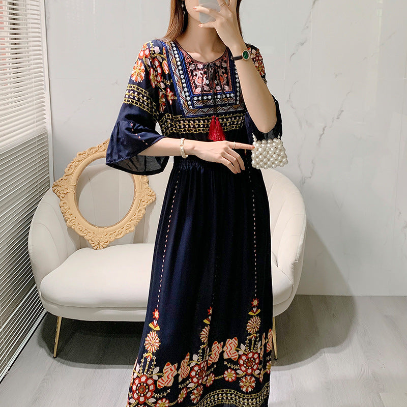 Artsy Crew Neck Ruffle Half Sleeve Silky Dress