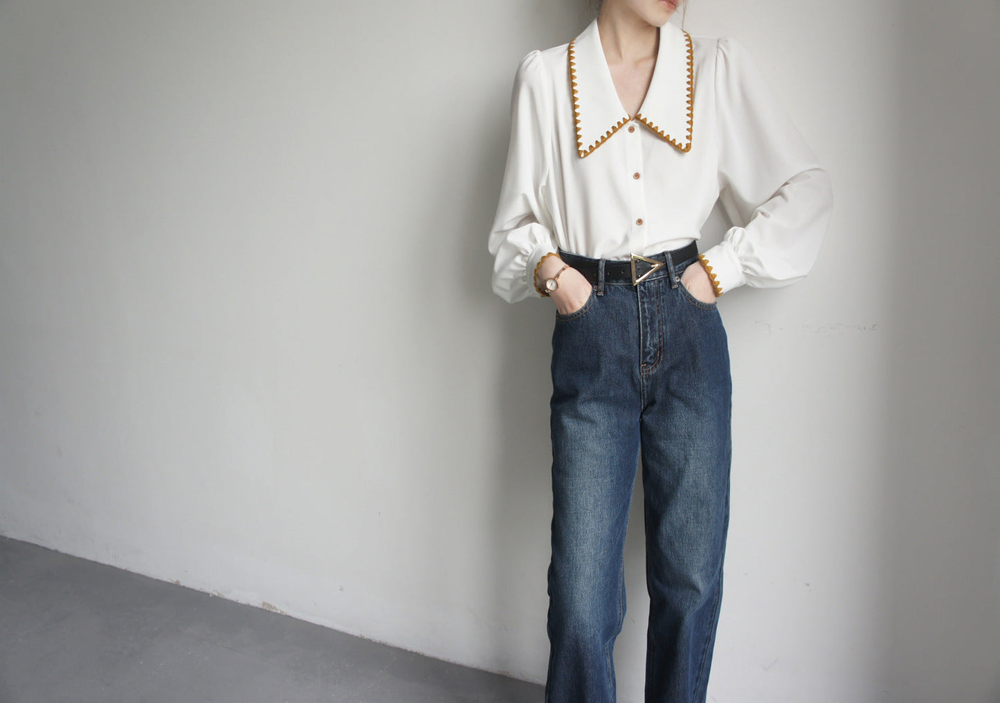 Vintage Yellow Line Long Sleeve Big Lapel V Neck Shirt