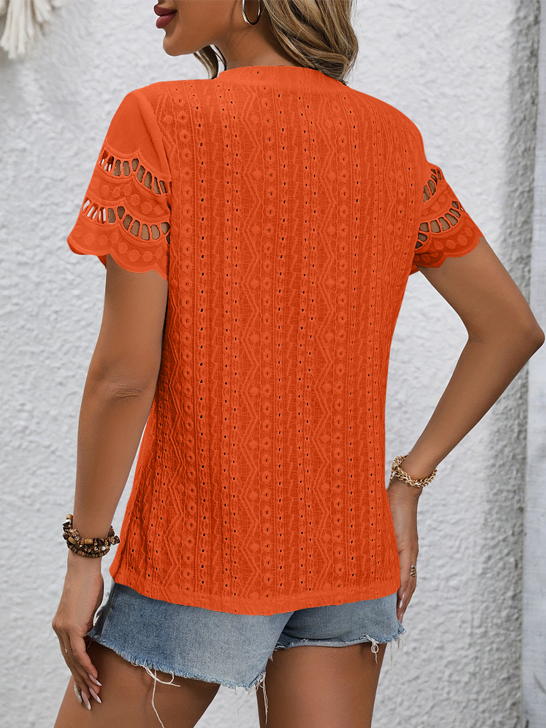 Eyelet Embriodery Round Neck Short Sleeve Top