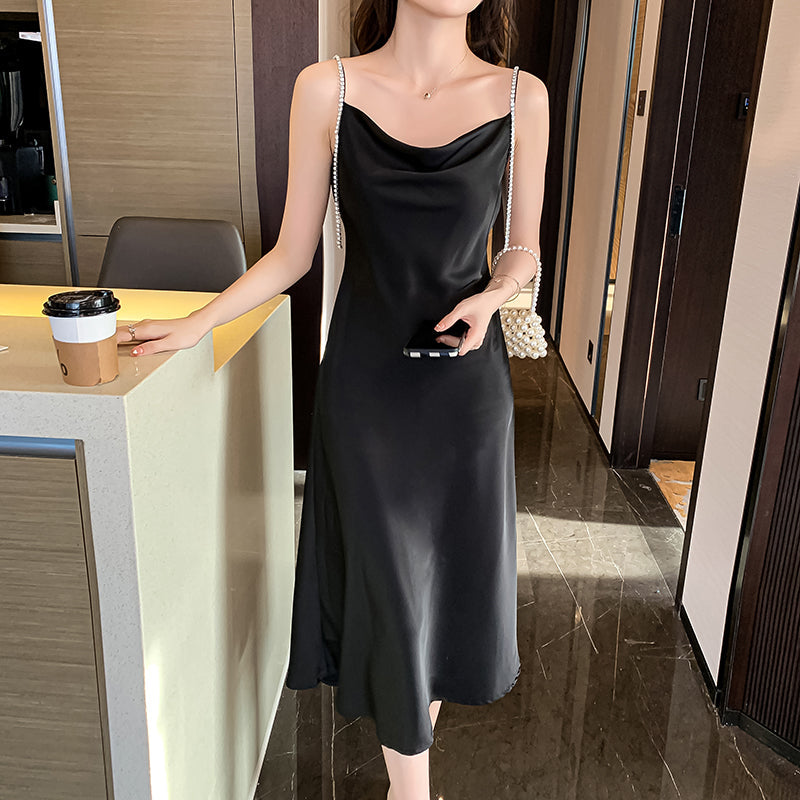 Ebony Silk Sleeveless Satin Slip Dress