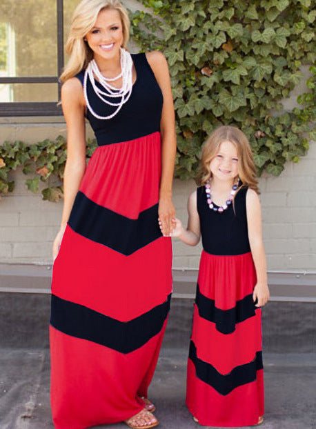 Mom and Daughter Red Stripes Maxi Matching Dresses