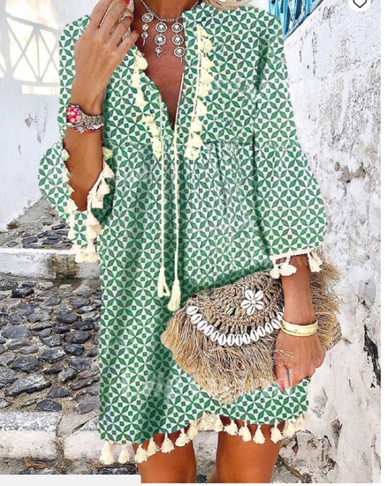 Sweet Hippie Style Tassel Ruffled V-Neck Dress