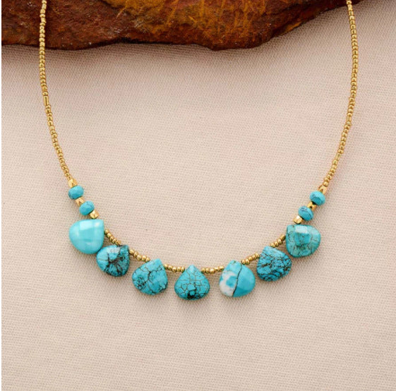 Boho Turquoise Beads Necklace Gold Beads.