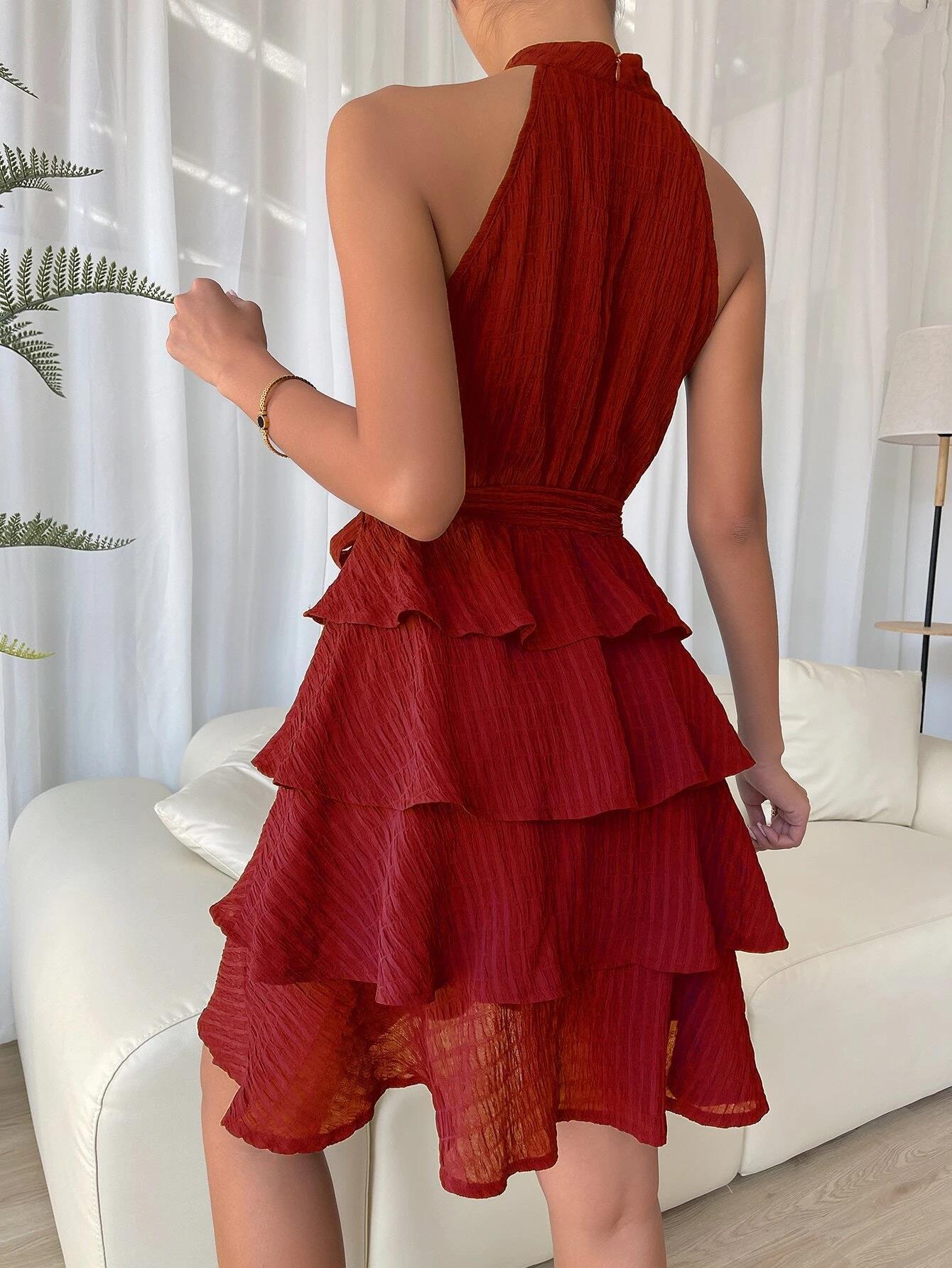 Elegant Ruffle Halterneck  Sleeveless Dress