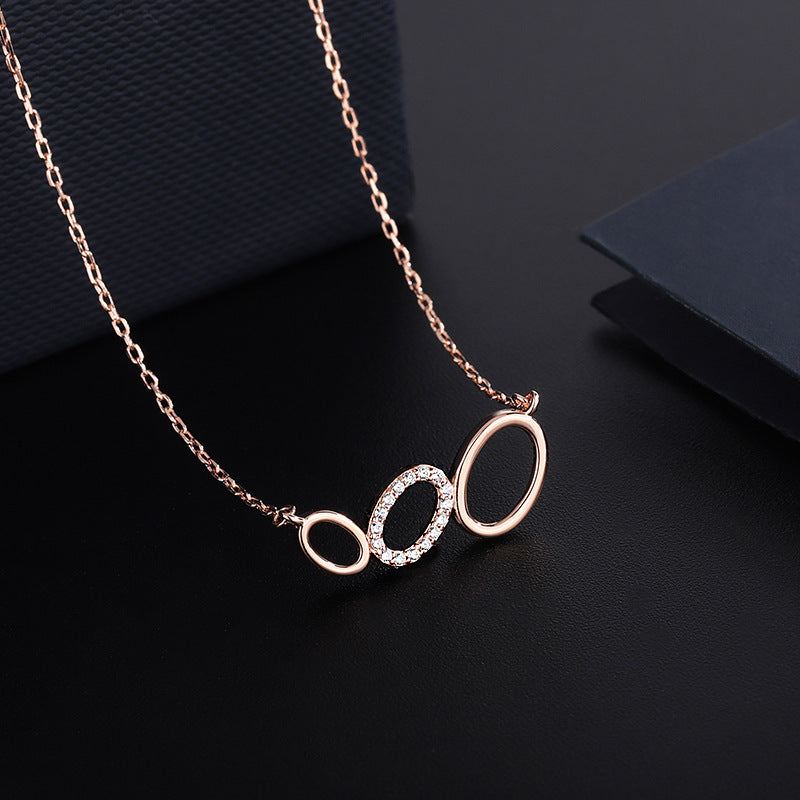 999 Sterling Silver Three-ring CZ Adorned Necklace, Gold, Platinum, Rose Gold.
