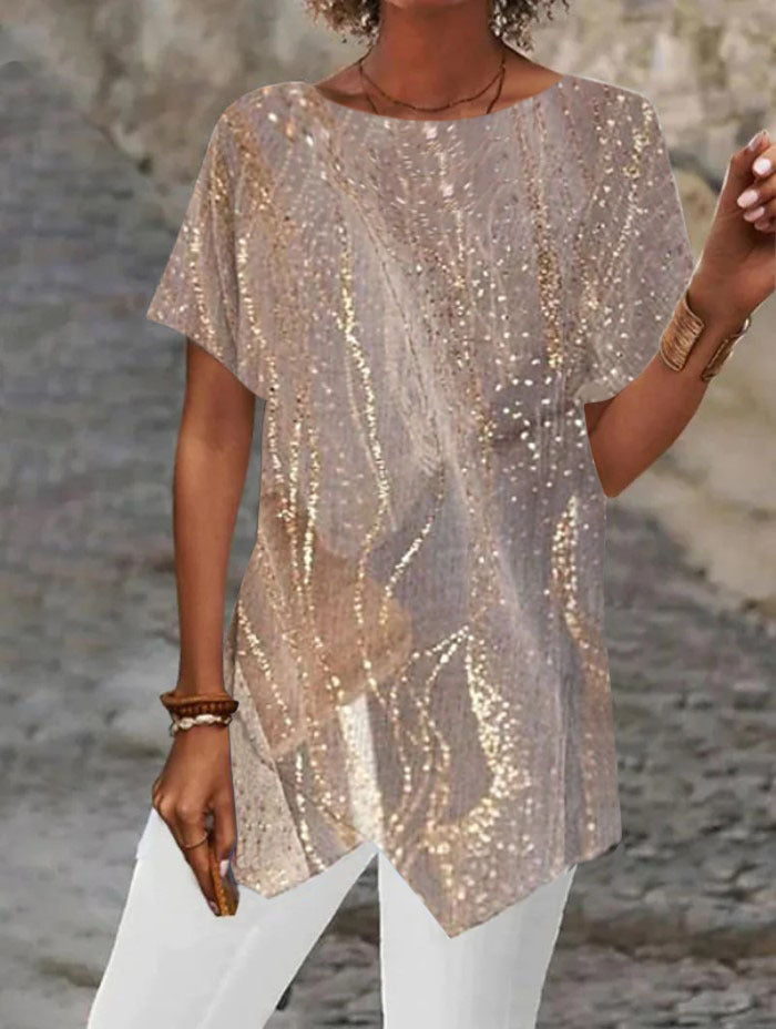 Geometric Printed Loose Short Sleeve Irregular Hem T-shirt