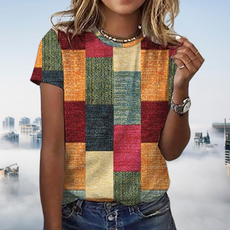 Checkered Short Sleeve Round Neck Top with Contrast Color