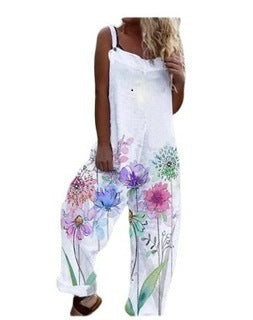 Floral Printed Loose Cotton And Linen Suspenders