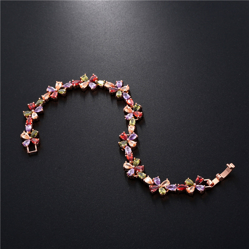 Rose Gold Colorful Flower Petals Zircon Bracelet Women
