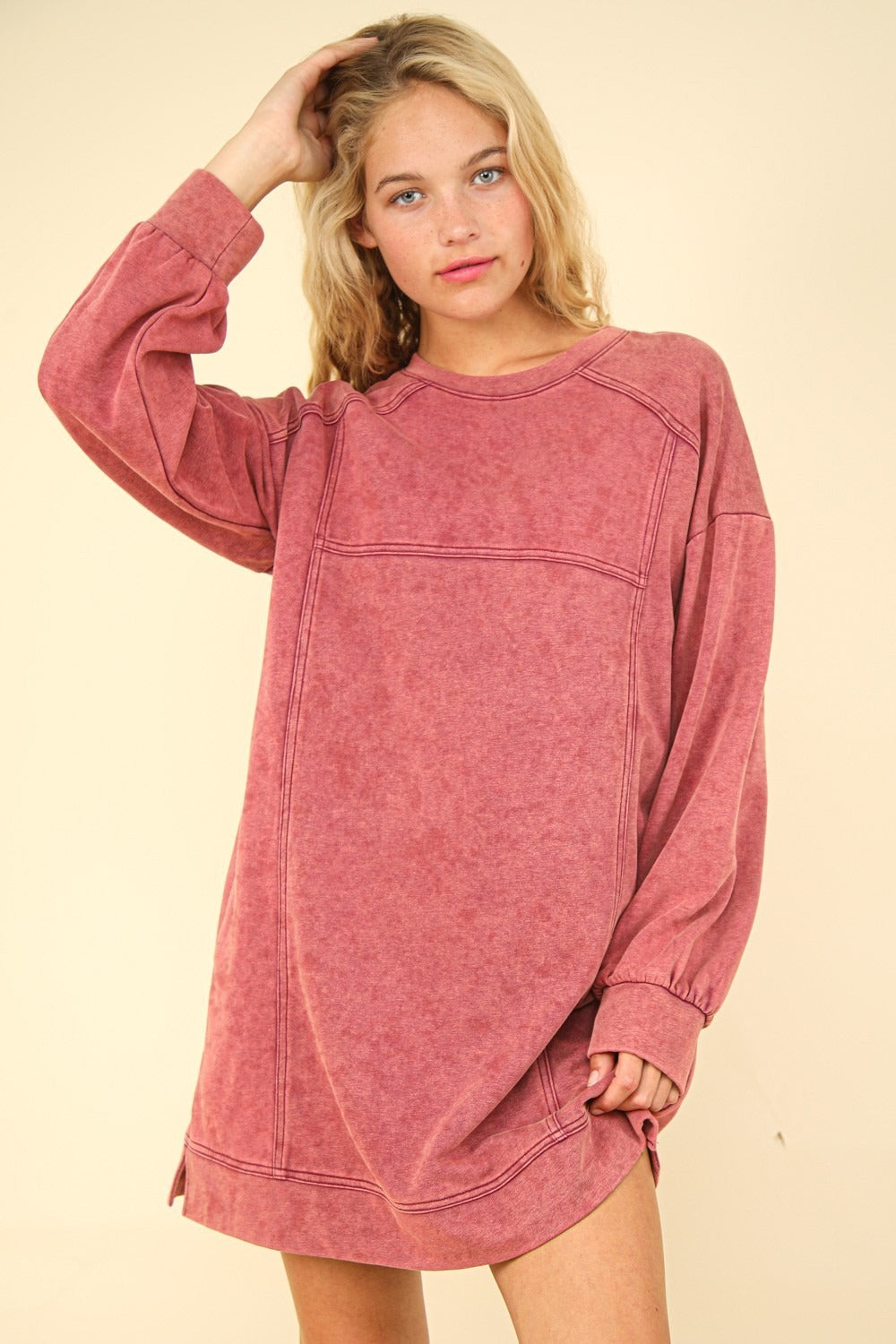 Autumn Magenta Mineral Washed Oversized Sweatshirt Mini Dress