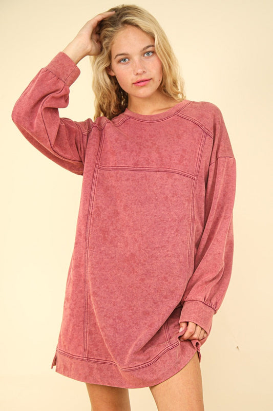 Autumn Magenta Mineral Washed Oversized Sweatshirt Mini Dress