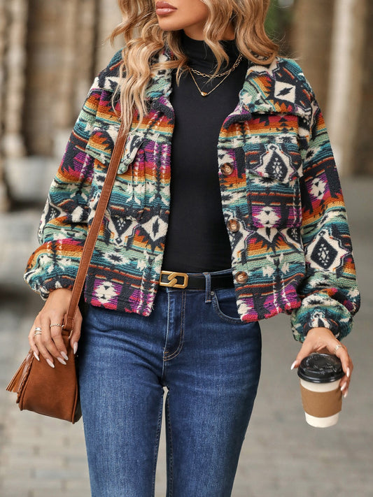 Multicolor Geometric Art Jacket with  Dropped Shoulder Balloon Sleeves