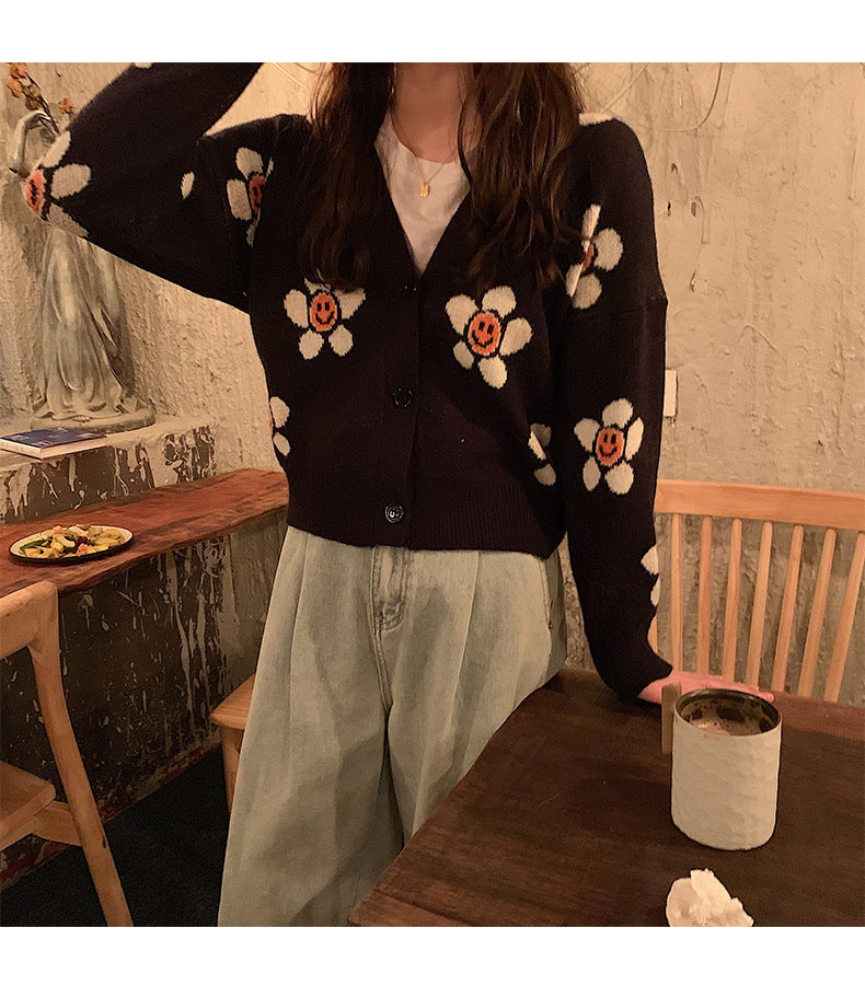 Sweeten Your Day Smiley Face Flower Knit Cardigan