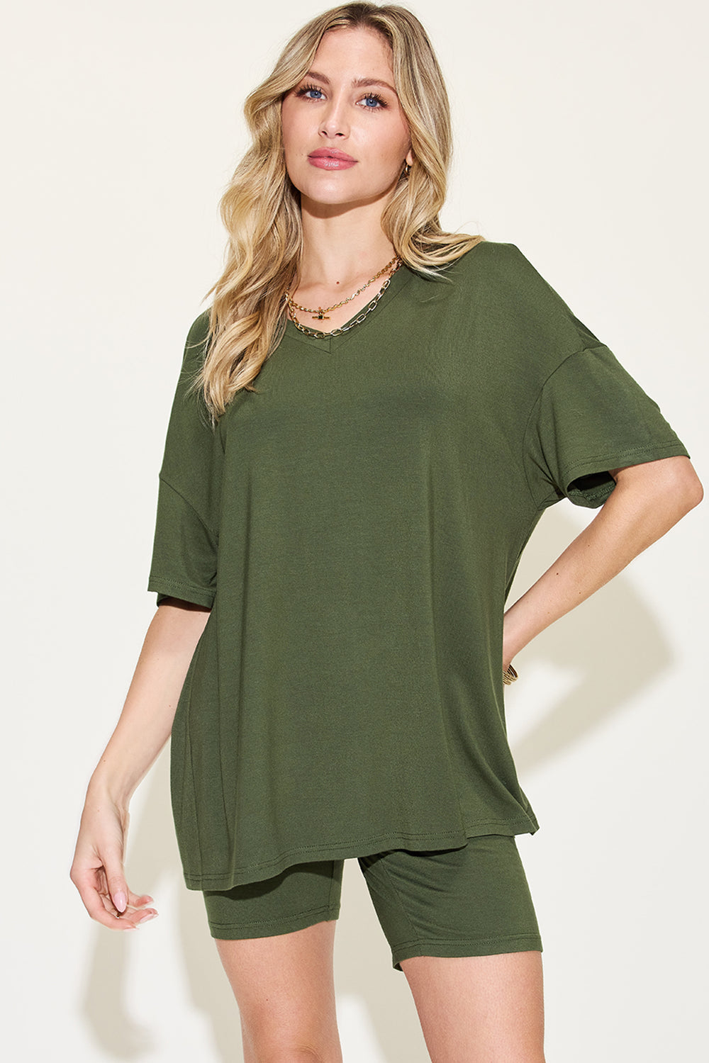 Soft Touch V-Neck Drop Shoulder T-Shirt and Shorts Set