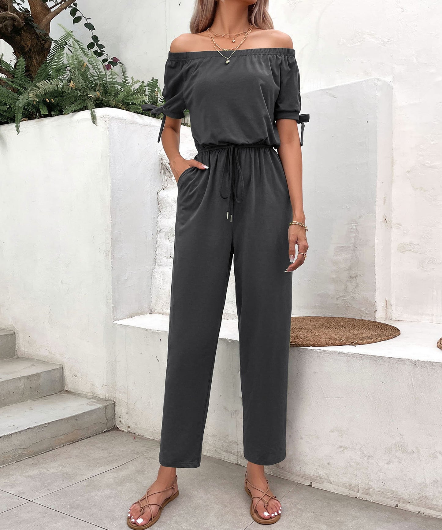 Urban  Fashion Off-Shoulder Tie Cuff Jumpsuit with Pockets