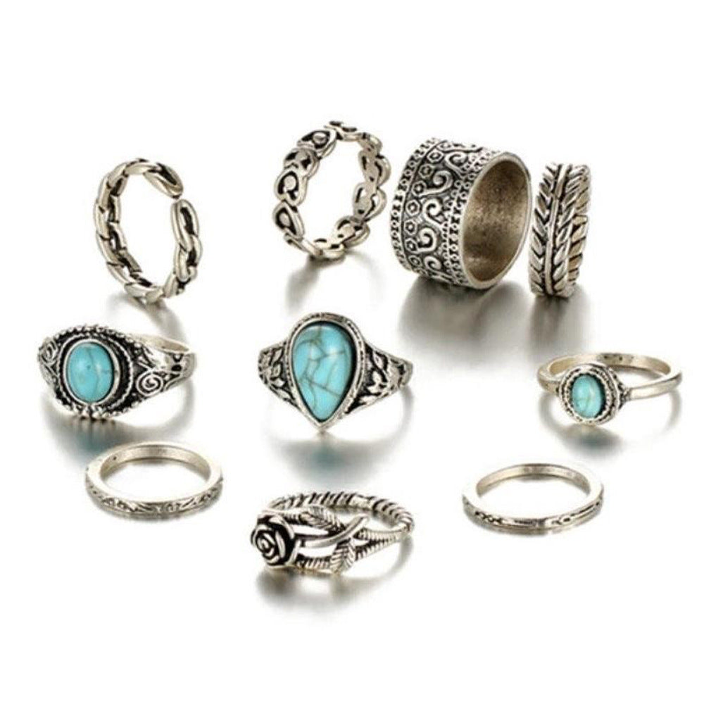 Boho Turquoise Joint Combination Rings - 10 Piece Set.
