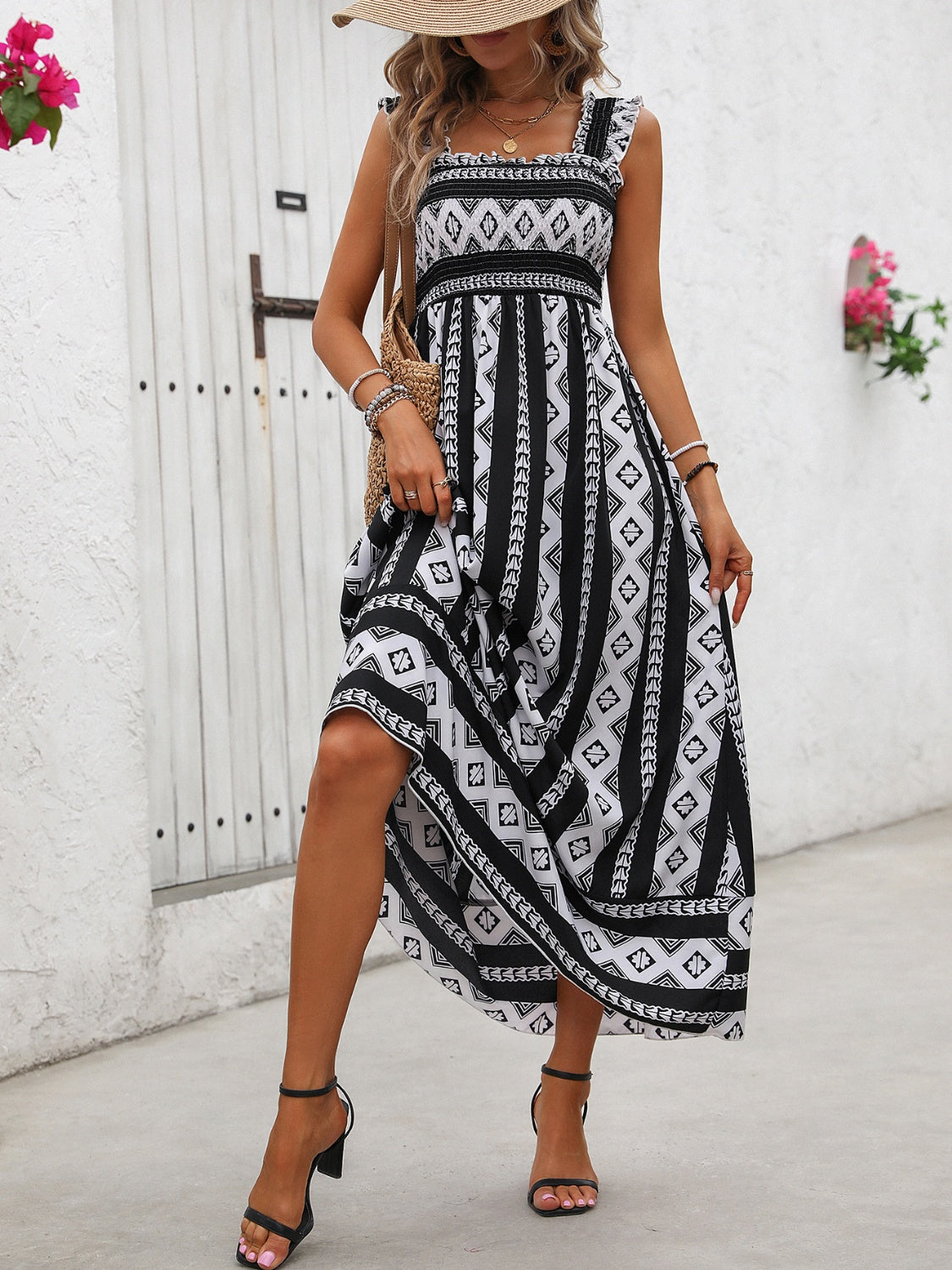 Black & White Wide Strap Printed Long Dress with Square Neck
