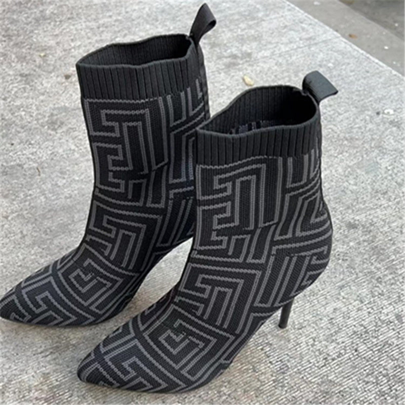 Printed Elastic High Heel Pointed Toe Ankle Boots